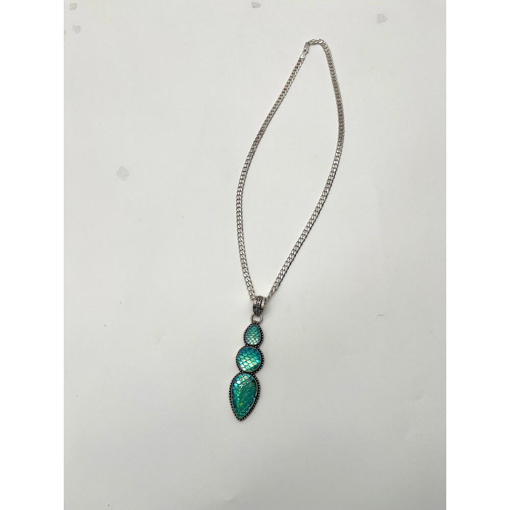 925 Sterling Stamped Mermaid Snake Scales, Iridescent Pendant On 18" Italy 925